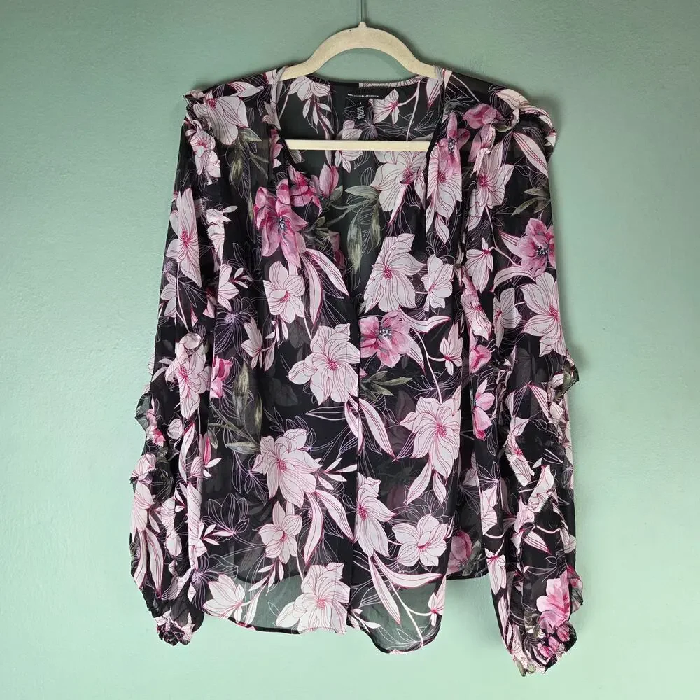 White House Black Market Womens Pink Floral Ruffle Sheer LS Blouse Size Large